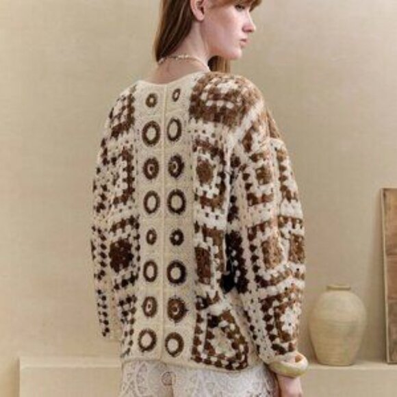 Coffee Brown Casual Women's Geometric Crochet Dolman Sleeve Cardigan - Picture 2 of 7
